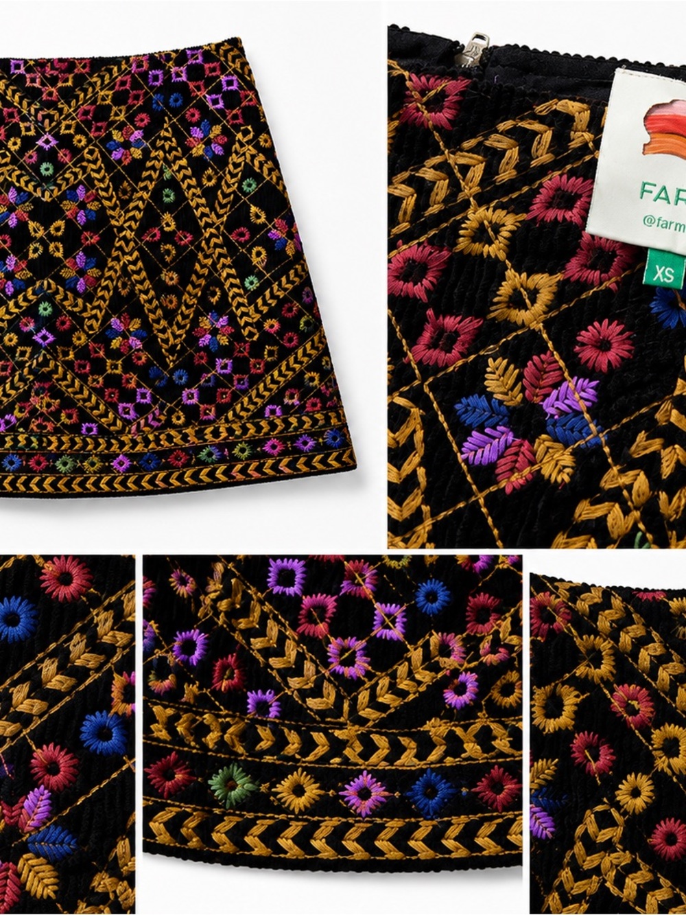 Embroidered Black Mini Skirt with Multicolor Stitching - Picture 3 of 4